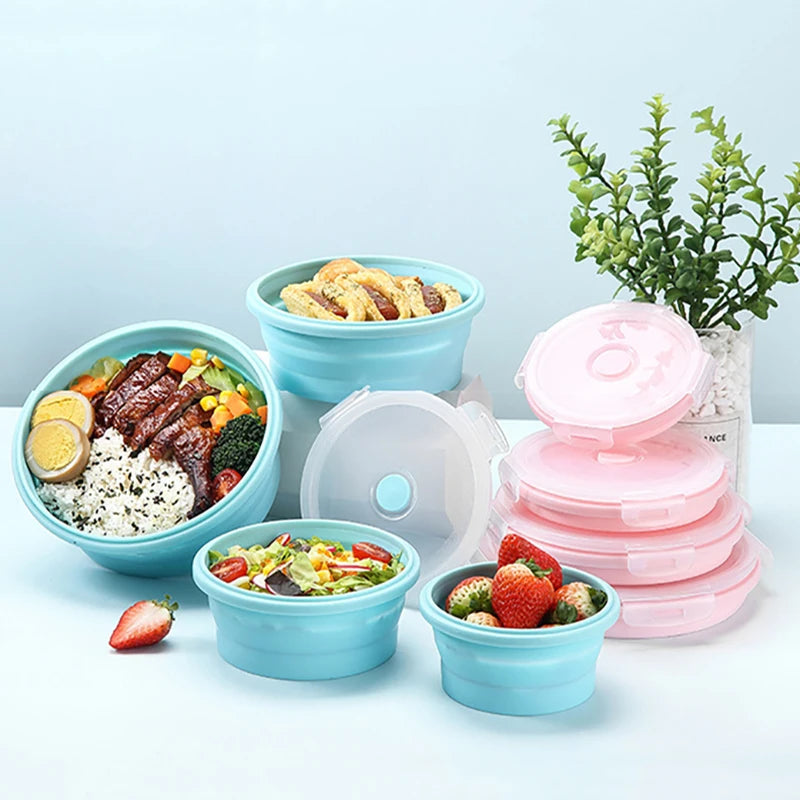 4pc Silicone Folding Lunch Box Set – Collapsible Microwave-Safe Bowls with Lids Peaceful Pleasures Health and Wellness