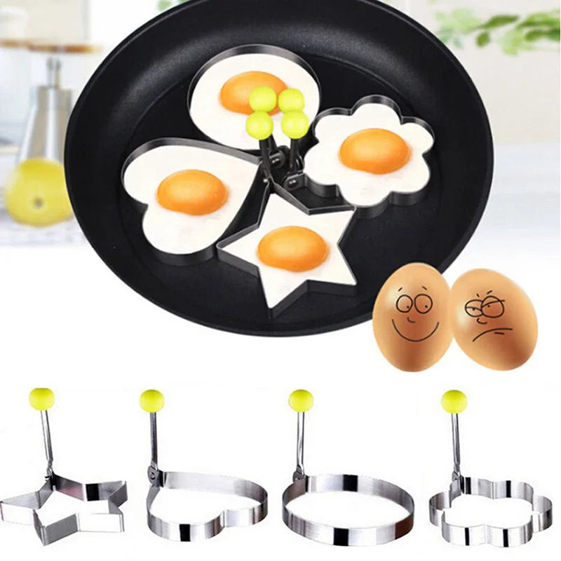 4-Piece Stainless Steel Egg & Pancake Shaper Mold Set – Flower, Heart, Circle & Star Shapes for Fun Family Cooking