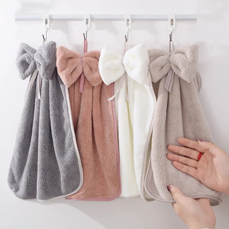 Bow Hanging Hand Towel – Absorbent Coral Fleece Kitchen & Bath