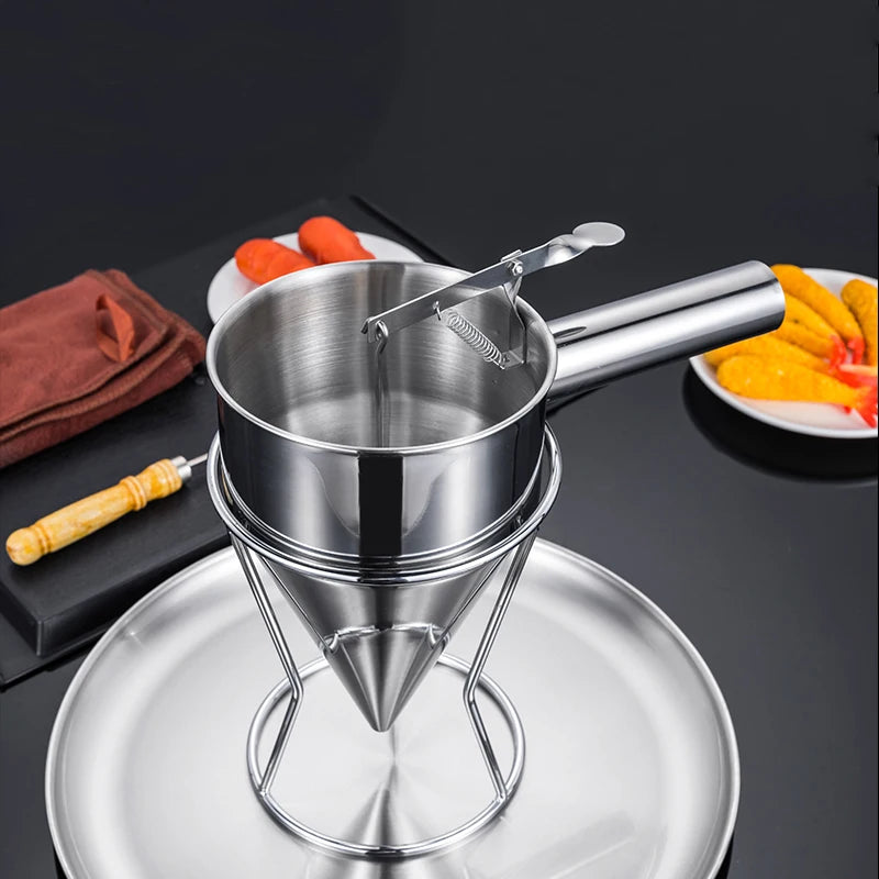 Stainless Steel Batter Dispenser Funnel with Rack – Pancake, Cupcake & Octopus Ball Maker Baking Tool