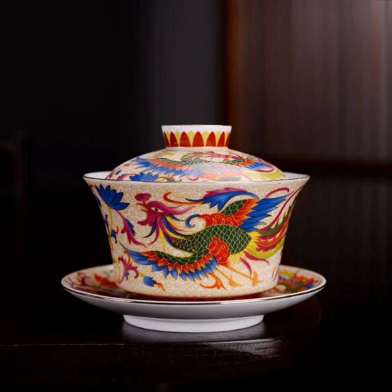 HMLOVE Enamel Sancai Gaiwan Large Capacity White Porcelain Cover Bowl