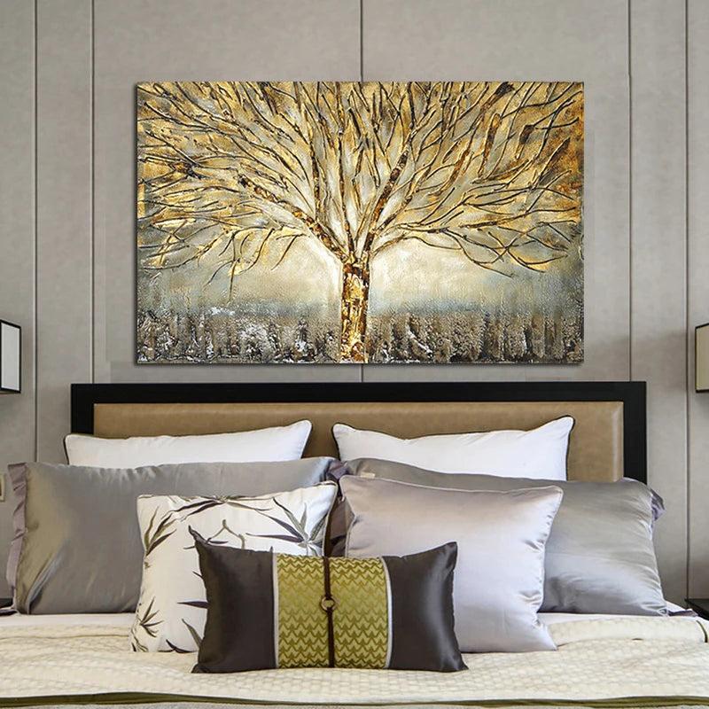 Gold Tree of Life Oil Painting Poster and Prints on Canvas Abstract Art Pictures Modern Wall Art For Home Living Room Decoration Peaceful Pleasures Health and Wellness