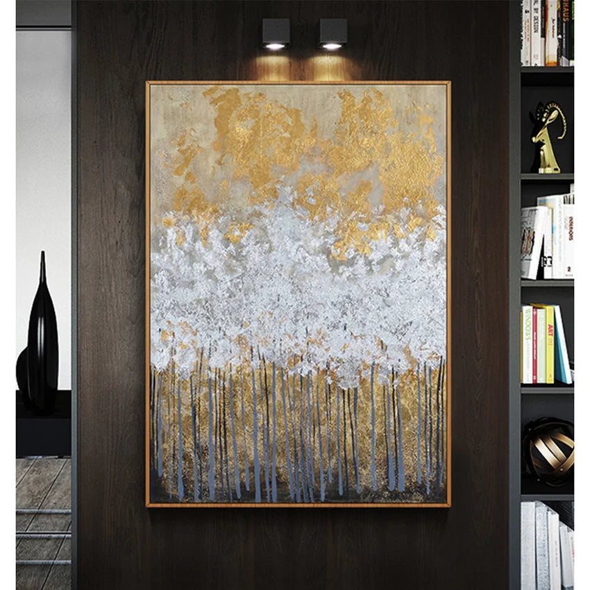Abstract Gold Foil Handmade Canvas Oil Painting Forest Hanging Poster Home Decoration Art Custom Mural Living Room Bedroom Hotel Peaceful Pleasures Health and Wellness