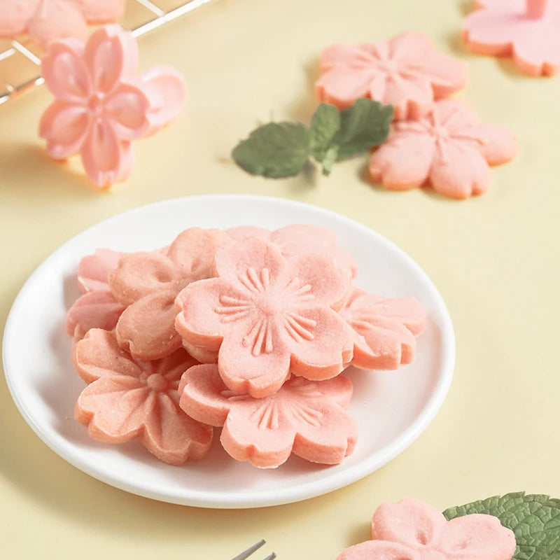 5-Piece Sakura Cherry Blossom Cookie Cutter & Stamp Mold Set – Floral Biscuit & Fondant Baking Tool