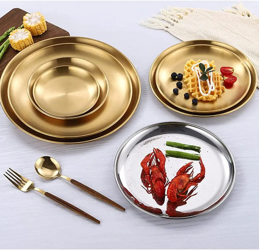Stainless Steel Round Dinner Plates, Gold Plates, Metal Plates for Picnic, Outdoor Camping Plate, Kitchen Tableware, Unbreakable Peaceful Pleasures Health and Wellness