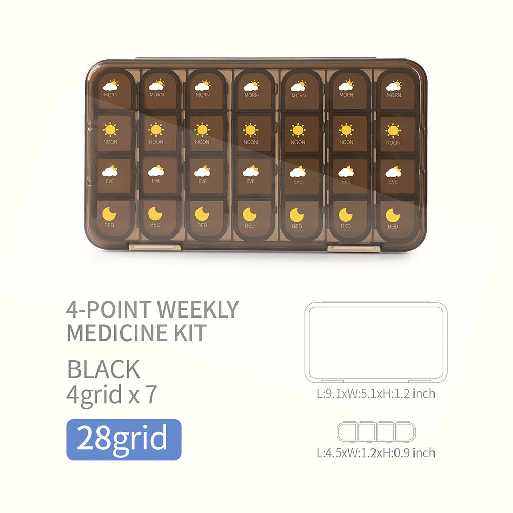 Large Capacity Weekly Pill Box Medicine Dispenser Pill Case Compartment Vitamin Tablet Organizer Storage Box 7 Days Pastillero Peaceful Pleasures Health and Wellness 28 grid Black