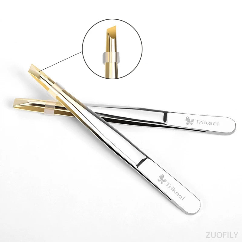 Stainless Steel Flat & Slant Tip Eyebrow Tweezer Tool