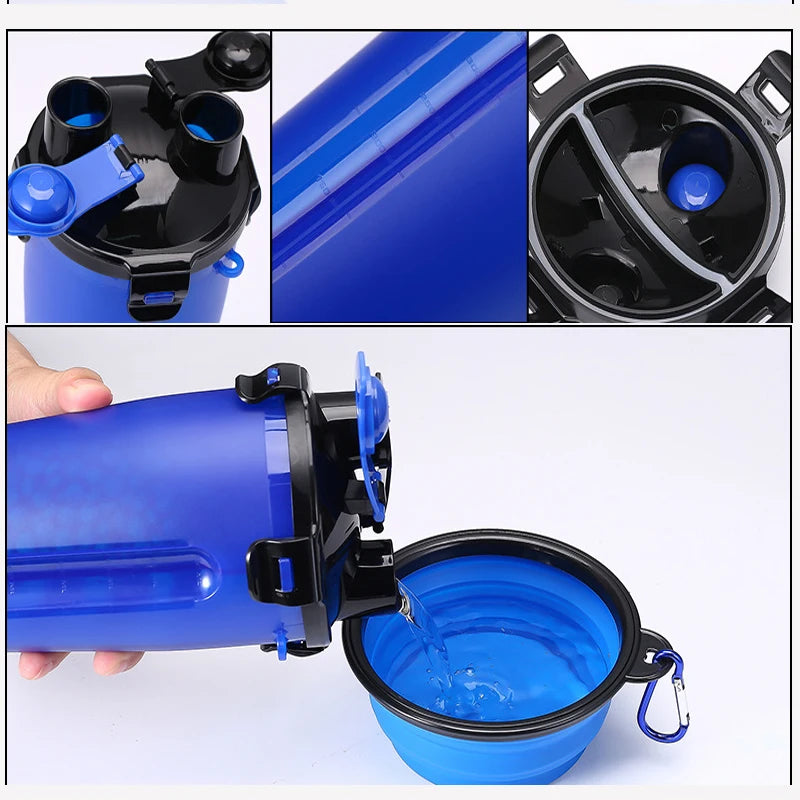 2-in-1 Portable Pet Water & Food Container with Foldable Silicone Bowl | Travel Dog & Cat Feeder – 350ml + 250g
