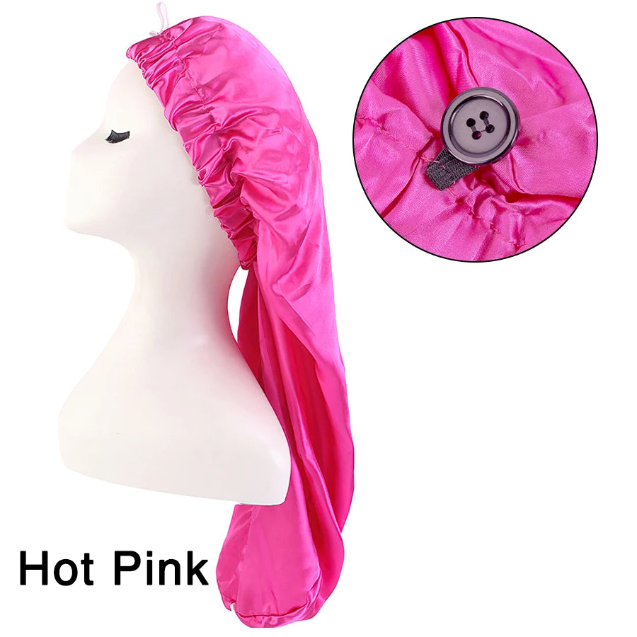 Long Sleep Cap For Women 1 Pack Large Soft Elastic Band Satin Bonnet For Braids Dreadlocks Long Curly Hair 12 Colors Choose Peaceful Pleasures Health and Wellness Hot Pink