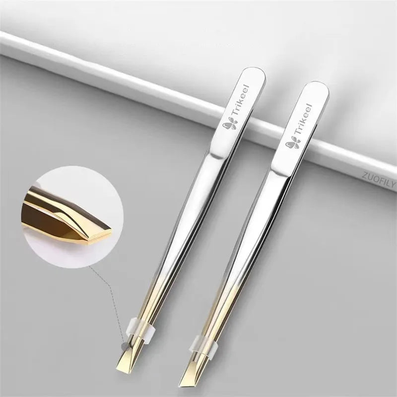 Stainless Steel Flat & Slant Tip Eyebrow Tweezer Tool