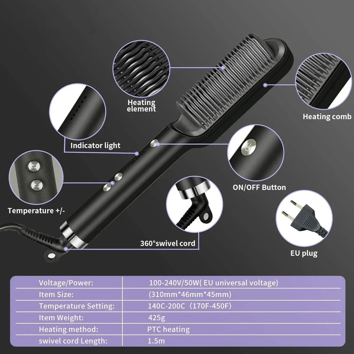 Hair Straightener Brush Hot Comb Ionic Straightening Brush with Anti Scald Fast Ceramic Heating Portable Hot Straightening Comb Peaceful Pleasures Health and Wellness