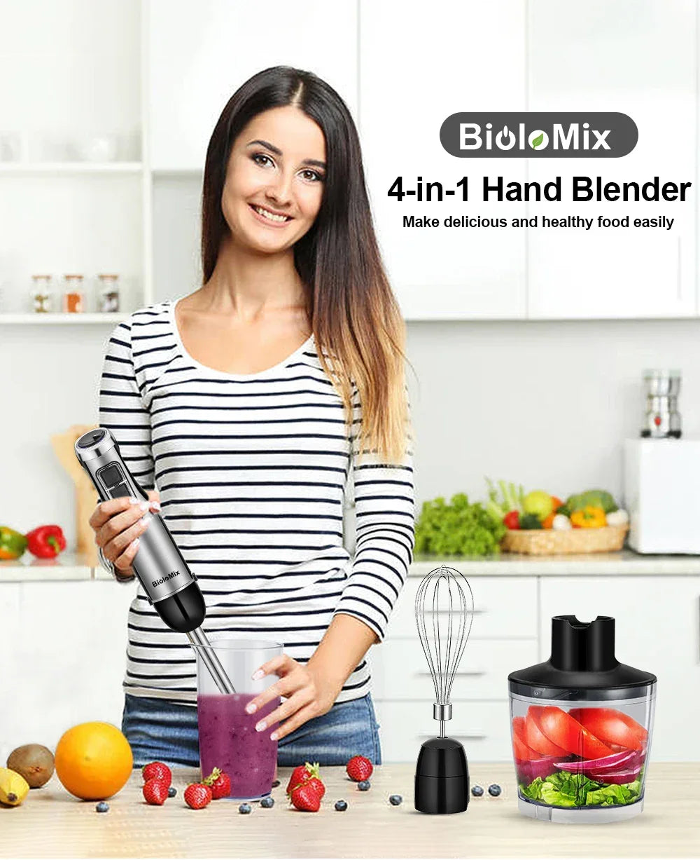 BioloMix 4 in 1 High Power 1200W Immersion Hand Stick Blender Mixer Includes Chopper and Smoothie Cup Stainless Steel Ice Blades Peaceful Pleasures Health and Wellness