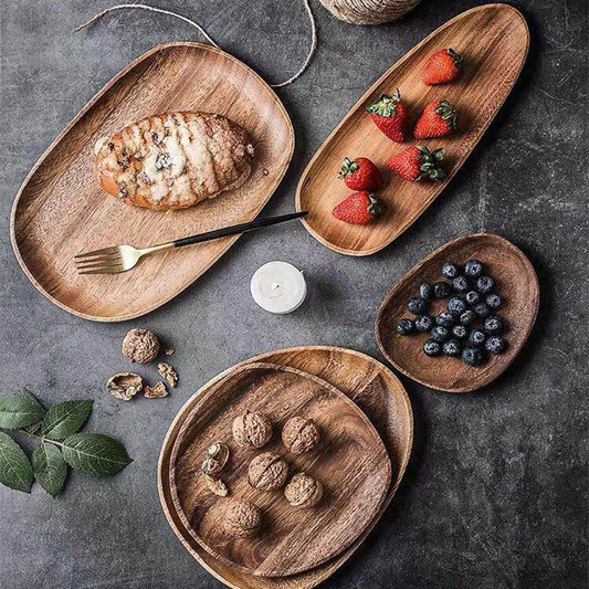 Irregular Oval Solid Acacia Wood Serving Plate & Tray | Natural Grain – Fruit, Dessert, Charcuterie & Tea Peaceful Pleasures Health and Wellness