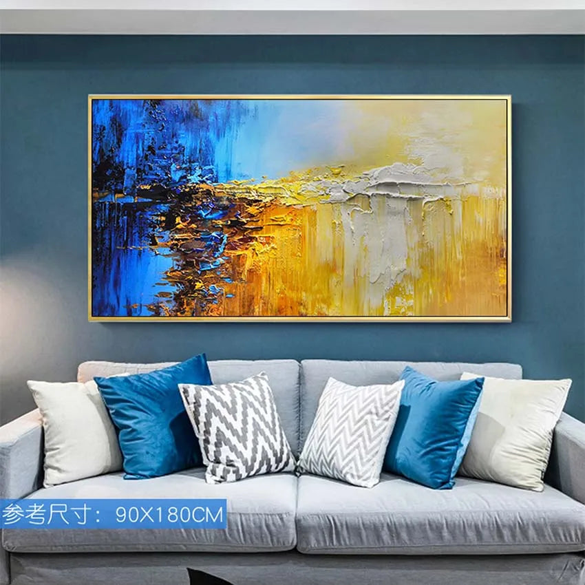 Blue Yellow Abstract Handmade Canvas Oil Painting | Wall Art Canvas Oil Painting Peaceful Pleasures Health and Wellness No frame 100cmx150cm