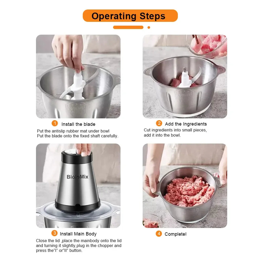 BioloMix 500W Electric Chopper & Meat Grinder – 2L Stainless Steel, 2 Speeds Kitchen Appliance Peaceful Pleasures Health and Wellness