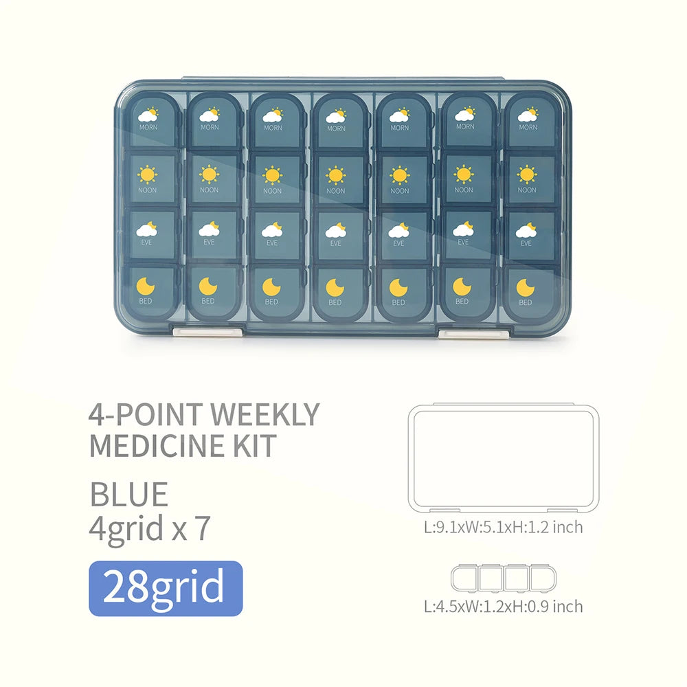 Large Capacity Weekly Pill Box Medicine Dispenser Pill Case Compartment Vitamin Tablet Organizer Storage Box 7 Days Pastillero Peaceful Pleasures Health and Wellness 28 grid Blue