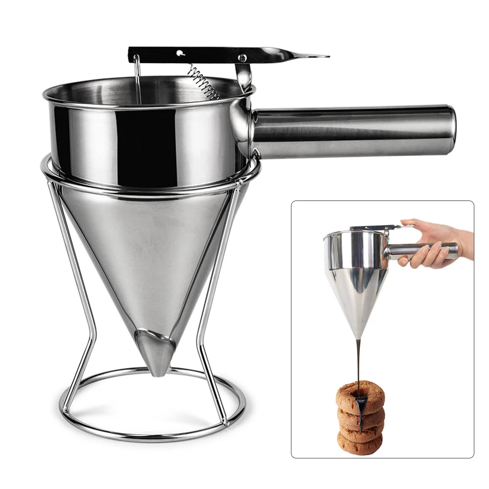 Stainless Steel Batter Dispenser Funnel with Rack – Pancake, Cupcake & Octopus Ball Maker Baking Tool