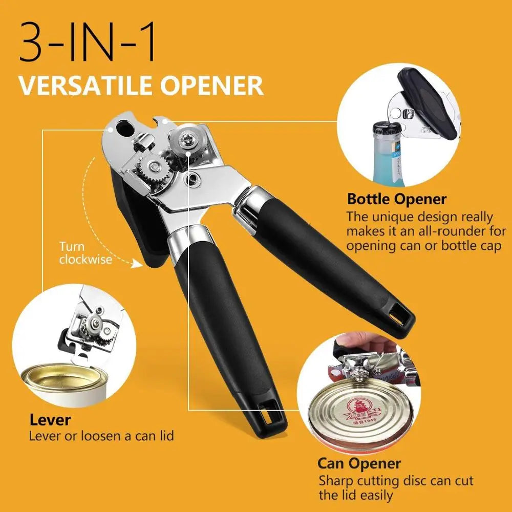 3-in-1 Professional Ergonomic Side-Cut Can Opener – Safety Smooth Cut, Non-Slip Handle, Stainless Steel