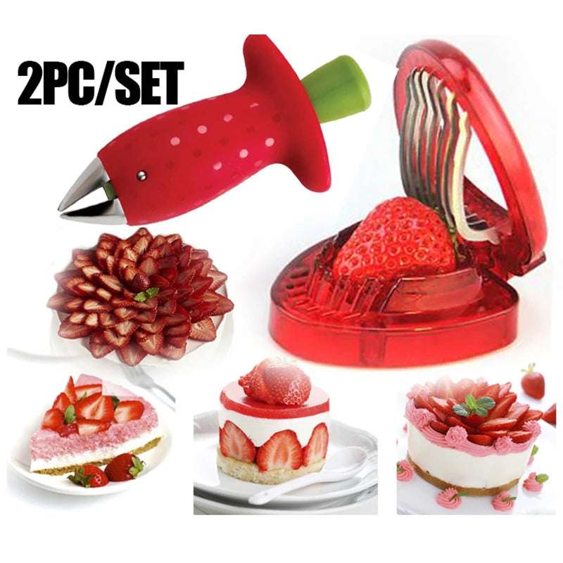 2pc/ Set Kitchen Fruit Gadget Tools Strawberry Slicer Cutter Strawberry Corer Strawberry Huller Leaf Stem Remover Peaceful Pleasures Health and Wellness