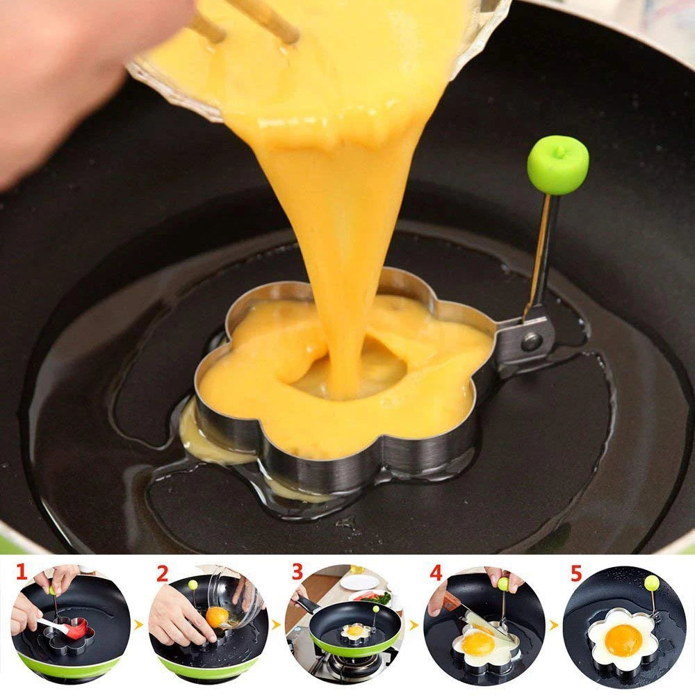 4-Piece Stainless Steel Egg & Pancake Shaper Mold Set – Flower, Heart, Circle & Star Shapes for Fun Family Cooking