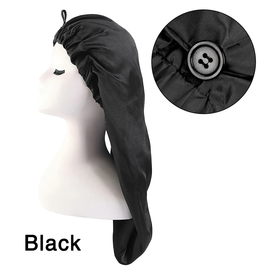 Long Sleep Cap For Women 1 Pack Large Soft Elastic Band Satin Bonnet For Braids Dreadlocks Long Curly Hair 12 Colors Choose Peaceful Pleasures Health and Wellness Black