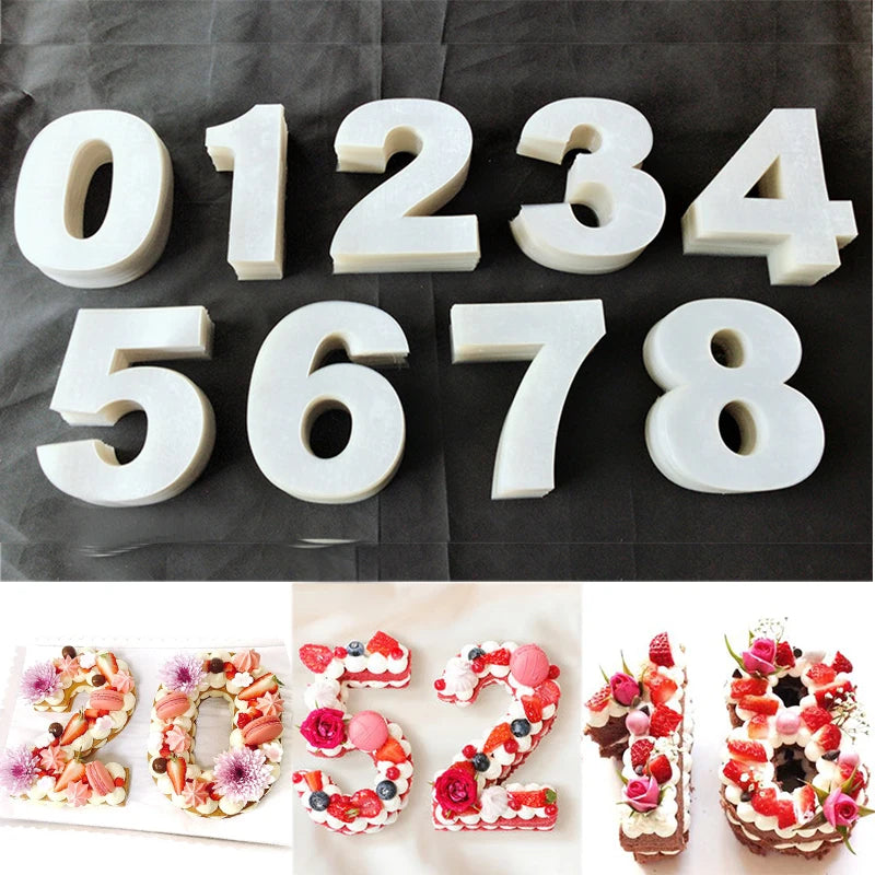 9-Piece Number Cake Mold Set (0–8) – Transparent PET Stencils for Fondant, Birthday & Wedding Cake Decorating, 6/8/10 Inch