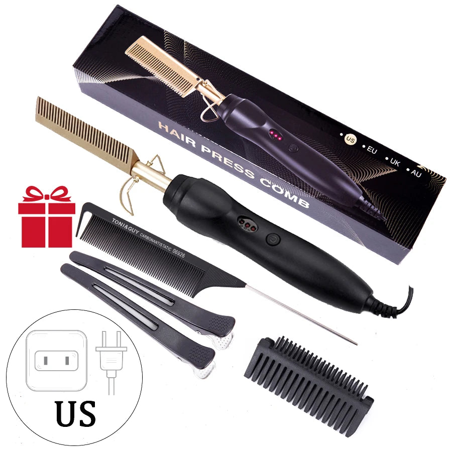 3 in 1 Hot Comb Straightener Electric Hair Straightener Hair Curler Wet Dry Use Hair Flat Irons Hot Heating Comb For Hair Peaceful Pleasures Health and Wellness Golden US