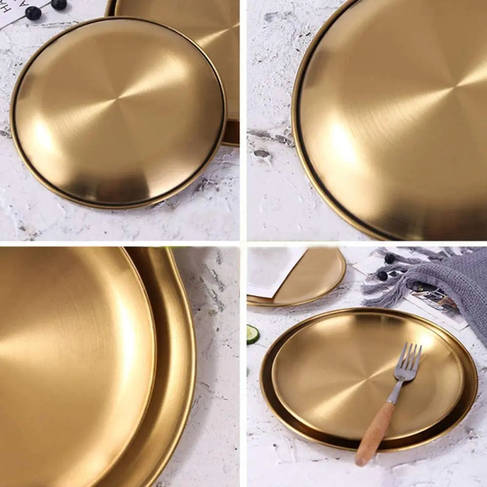 Stainless Steel Round Dinner Plates, Gold Plates, Metal Plates for Picnic, Outdoor Camping Plate, Kitchen Tableware, Unbreakable Peaceful Pleasures Health and Wellness
