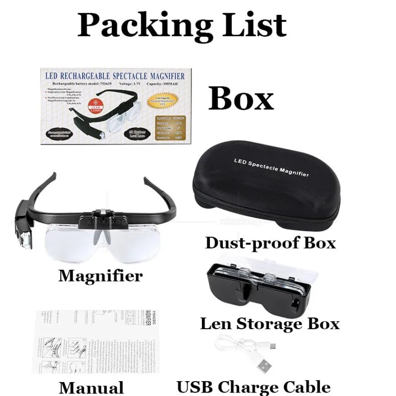Head Glasses Magnifying Glass USB Rechargeable Monocle Glasses Magnifying Glass Led Watchmaker Repair Wearing Glasses Magnifier Peaceful Pleasures Health and Wellness