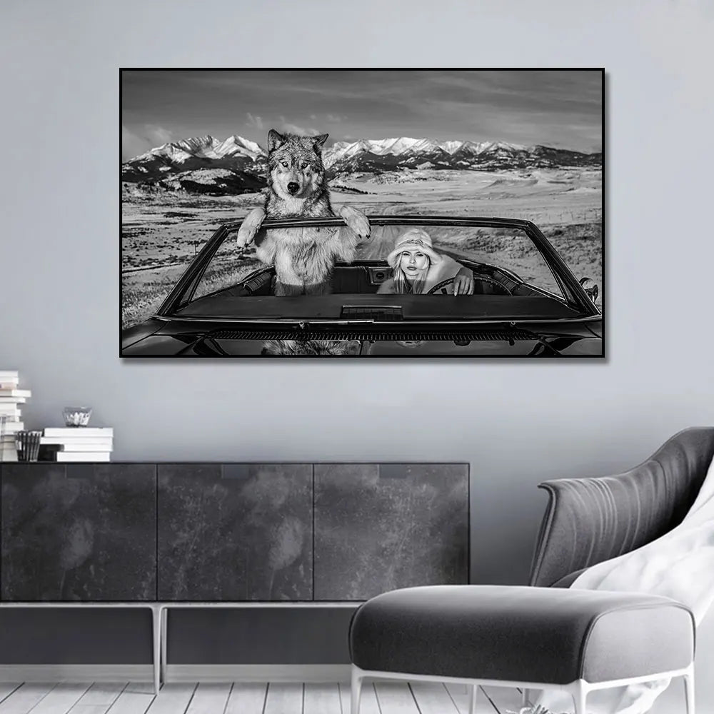 Wild Wolves Animal Wall Art Posters White Black Canvas Print Nauty Girl Driving Car Canvas Paintings Pictures For Home Decor Peaceful Pleasures Health and Wellness