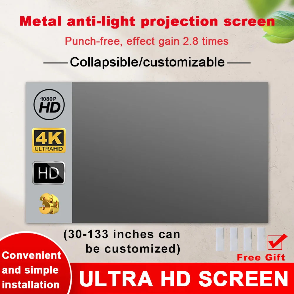 Portable Projector Screen High Brightness 16:9 Metal Anti Light Curtain 84 100 120 133 150 Inches Home Outdoor Office 4K Peaceful Pleasures Health and Wellness 72 inch
