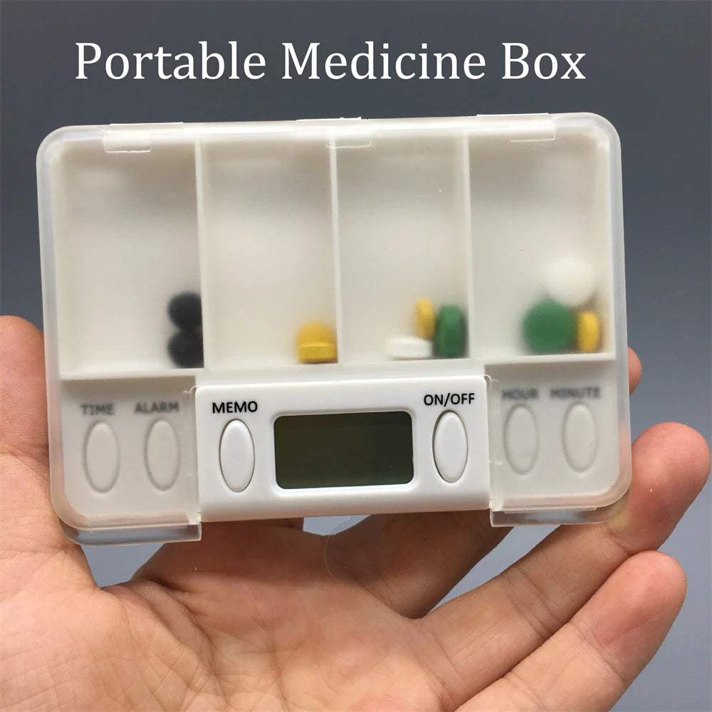 4 Grid pill box medicine Storage Box Electronic Timing Reminder Medicine Boxes Alarm Timer Pills Organizer Pill Drug Container Peaceful Pleasures Health and Wellness