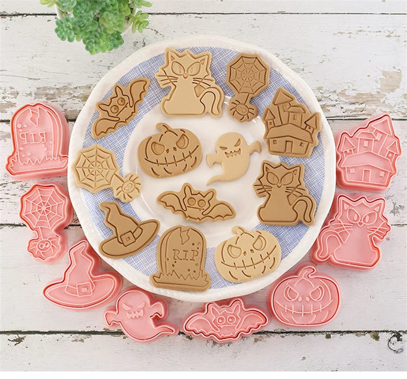 8-Piece Halloween Cookie Mold Set – Ghost & Cartoon Press Biscuit Cutters, Food-Grade PLA