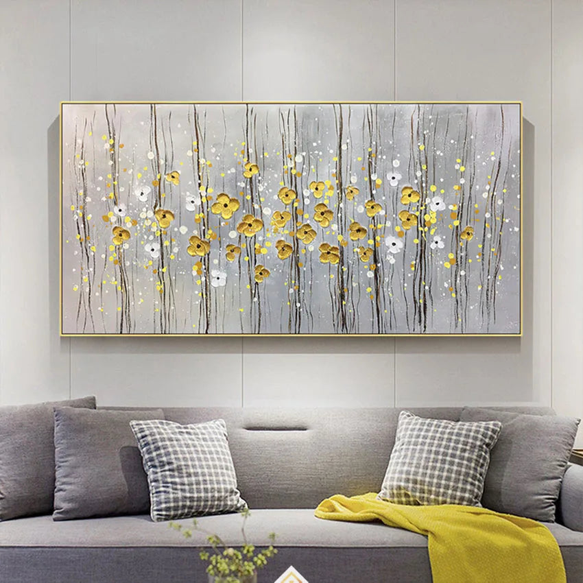 Nice Picture Money Golden Flowers Design Wall Art Poster For Home Deocr Hand Painted Oil Painting On Canvas For Living Room Sofa Peaceful Pleasures Health and Wellness