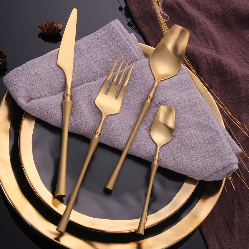 24-Piece Stainless Steel Cutlery Set – Gold & Black Mirror Polish Flatware for 6 | Knife, Fork, Spoon & Tea Spoon