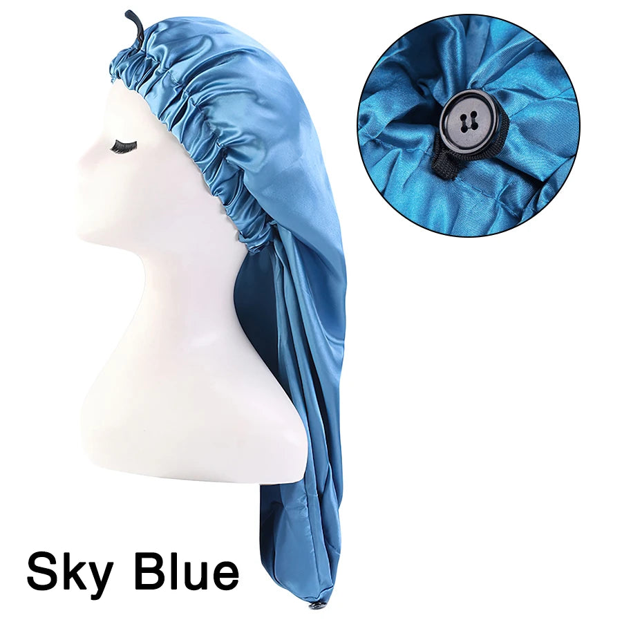Long Sleep Cap For Women 1 Pack Large Soft Elastic Band Satin Bonnet For Braids Dreadlocks Long Curly Hair 12 Colors Choose Peaceful Pleasures Health and Wellness Sky Blue