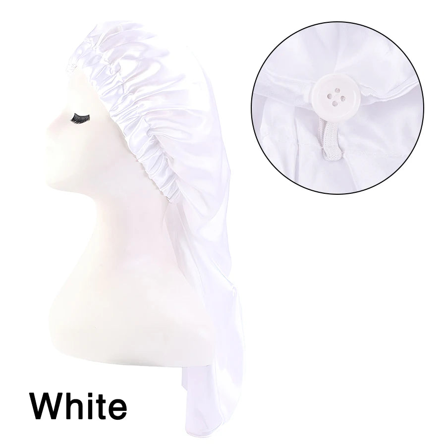 Long Sleep Cap For Women 1 Pack Large Soft Elastic Band Satin Bonnet For Braids Dreadlocks Long Curly Hair 12 Colors Choose Peaceful Pleasures Health and Wellness White