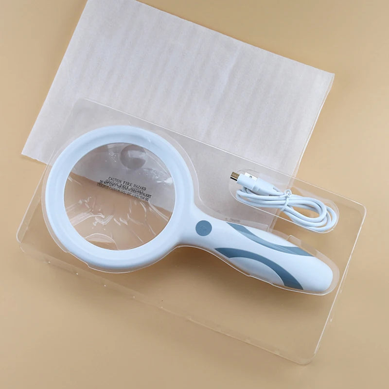 Handheld Magnifying Glass with USB Charging Cable LED Ring Light Touch Switch Three-level Brightness Magnifying Glass Peaceful Pleasures Health and Wellness