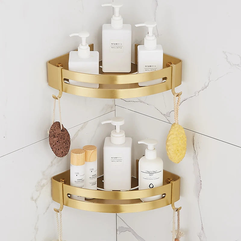 Brushed Gold Triple-Tier Corner Shelf | Wall Mounted Bathroom