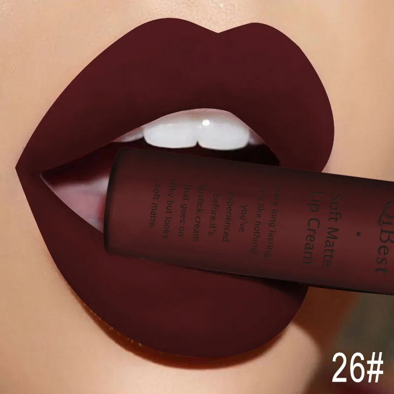 QIBEST Brand Waterproof Matte Nude Liquid Lipstick Pigment Dark Red Black Lip Tint Long Lasting Purple Lip Gloss Women Makeup Peaceful Pleasures Health and Wellness 26