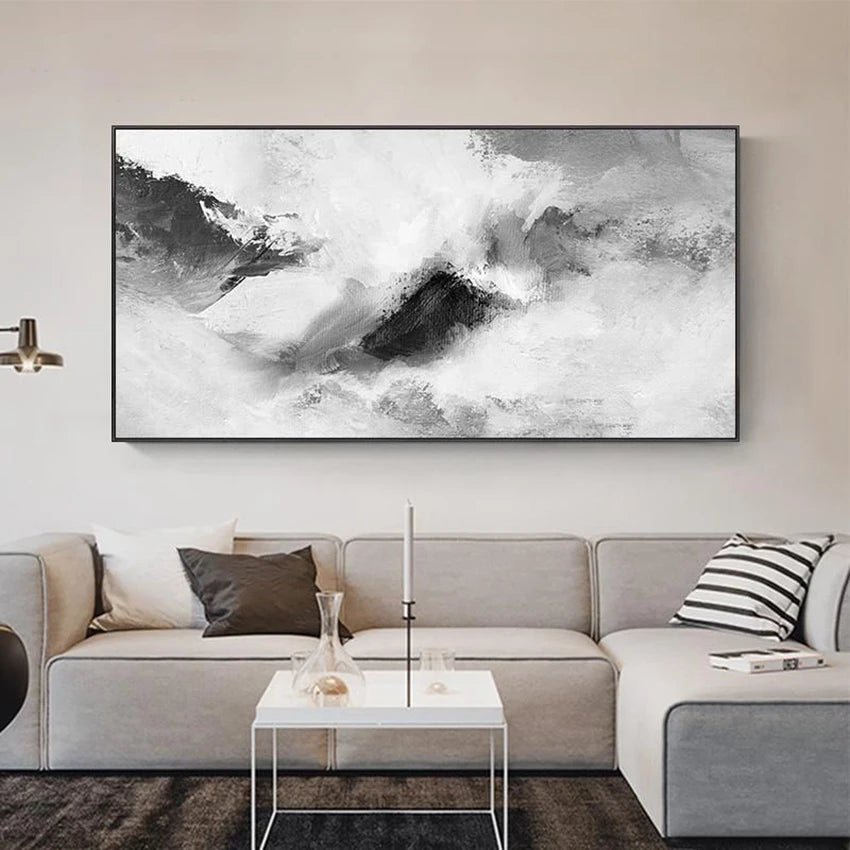 Nordic Modern Simple Living Room Abstract Handmade Oil Painting Sofa Background Wall Bedroom Home Decoration Black-White Poster Peaceful Pleasures Health and Wellness