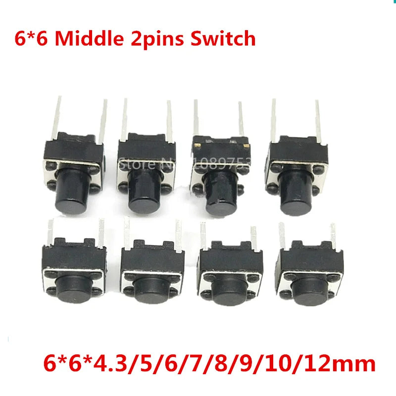 1000Pcs 2P Tactile Switch Push Button Switches 6x6x4.3/5/6/7/8/9/10/12mm 6*6*5mm Middle Pin 2pins Peaceful Pleasures Health and Wellness 6x6x4.3mm