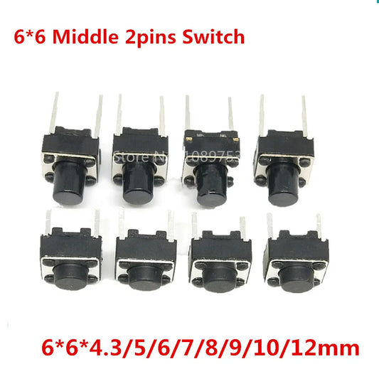 1000Pcs 2P Tactile Switch Push Button Switches 6x6x4.3/5/6/7/8/9/10/12mm 6*6*5mm Middle Pin 2pins Peaceful Pleasures Health and Wellness 6x6x4.3mm