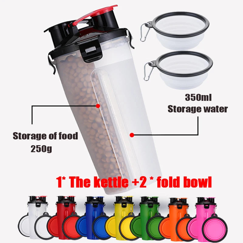 2-in-1 Portable Pet Water & Food Container with Foldable Silicone Bowl | Travel Dog & Cat Feeder – 350ml + 250g