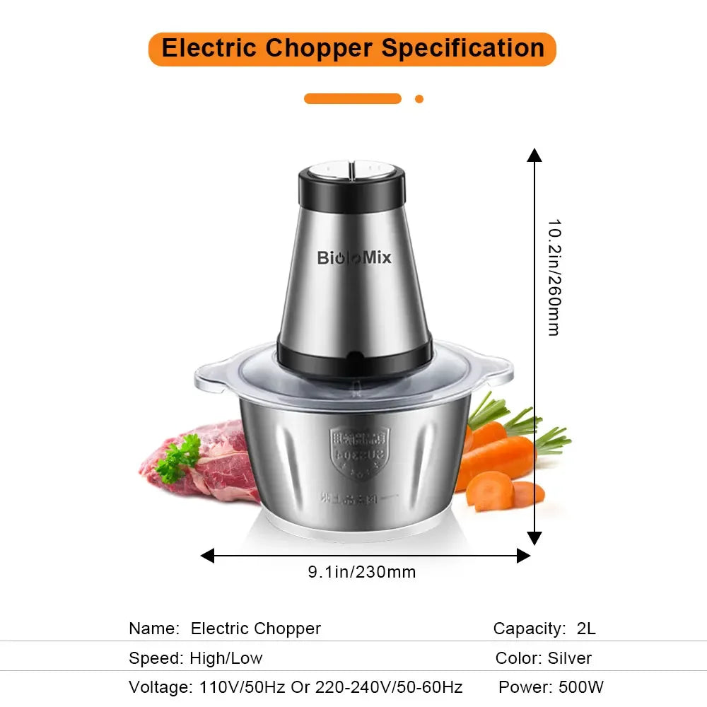 BioloMix 500W Electric Chopper & Meat Grinder – 2L Stainless Steel, 2 Speeds Kitchen Appliance Peaceful Pleasures Health and Wellness