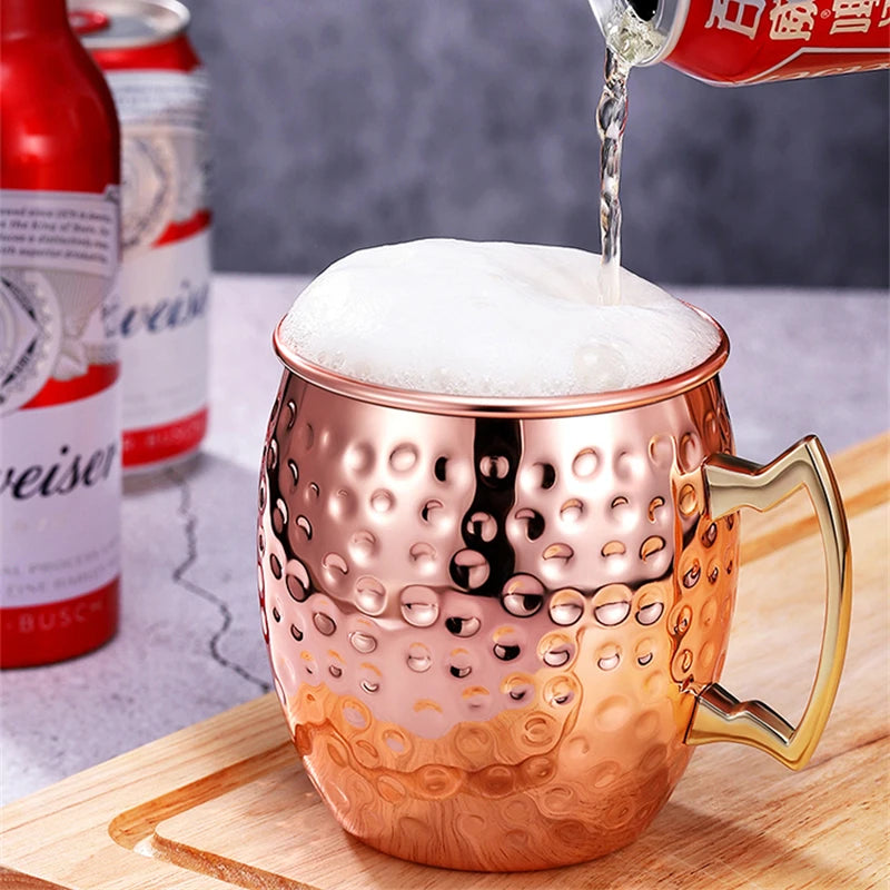 Hammered Copper-Plated Moscow Mule Mug – 500ml Stainless Steel Cocktail Cup with Brass Handle