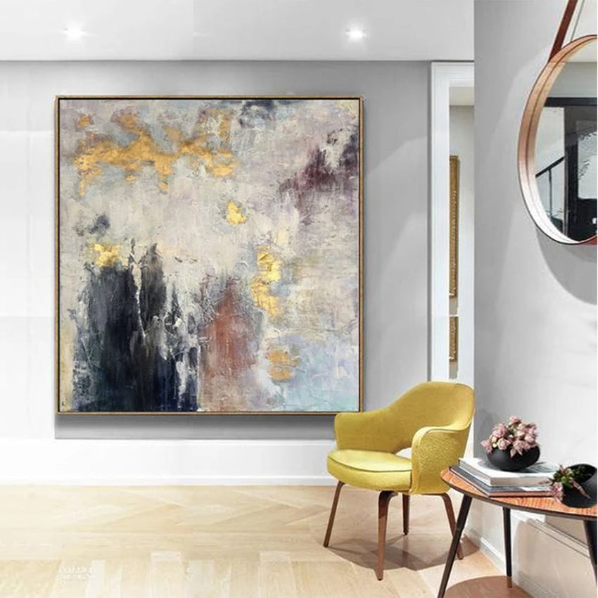 Abstract Gold Foil Wall Posters for Christmas Decoration, Hand Painted Oil Painting on Canvas, Hanging Pictures for Living Room Peaceful Pleasures Health and Wellness No frame 50cmx50cm