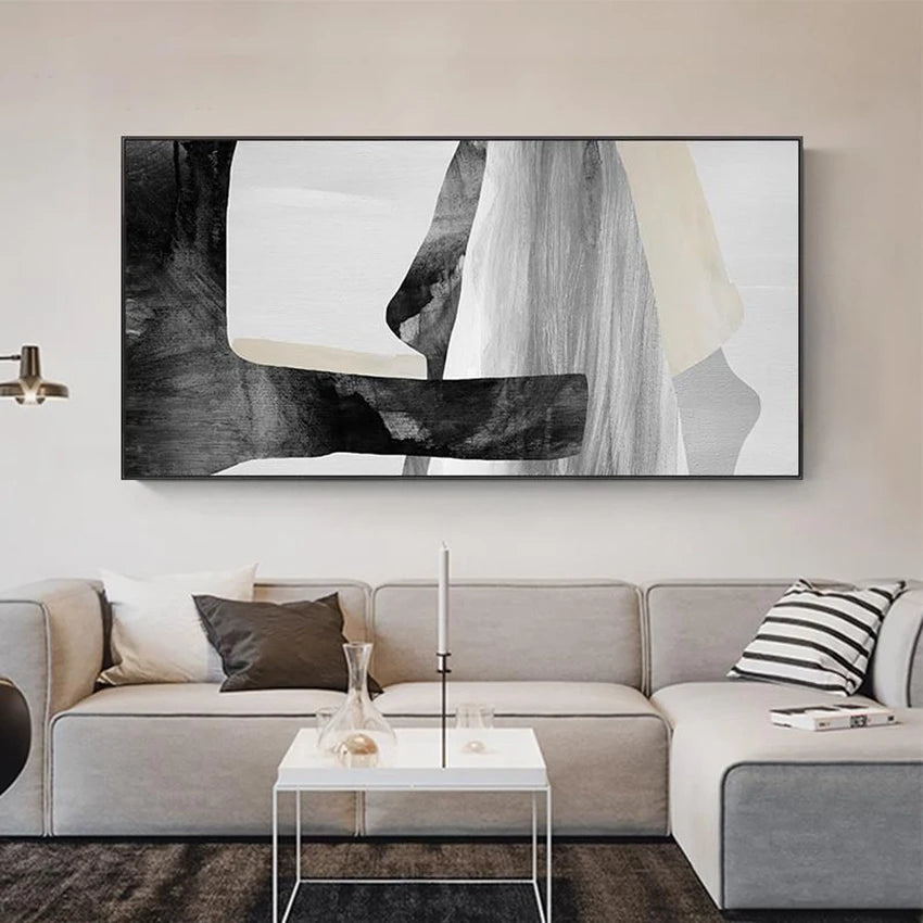 Nordic Modern Simple Living Room Abstract Handmade Oil Painting Sofa Background Wall Bedroom Home Decoration Black-White Poster Peaceful Pleasures Health and Wellness No frame 2 40cmx100cm