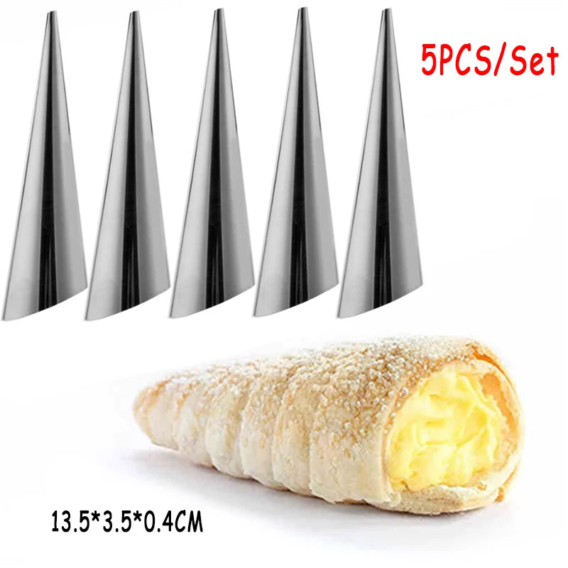 5-Piece Stainless Steel Cream Horn Cone Mold Tubes – Spiral Croissant & Pastry Roll Baking Molds