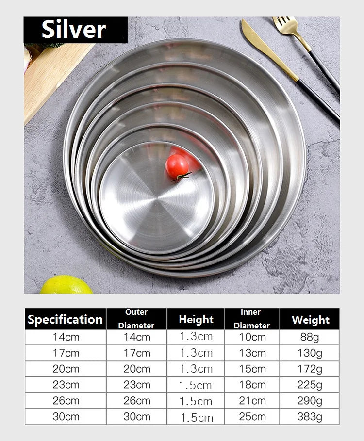 Stainless Steel Gold Plates Round Dinner Plate Dessert Salad Plates Metal Platter for Kids Camping Picnic Peaceful Pleasures Health and Wellness Steel Plate Silver 26cm